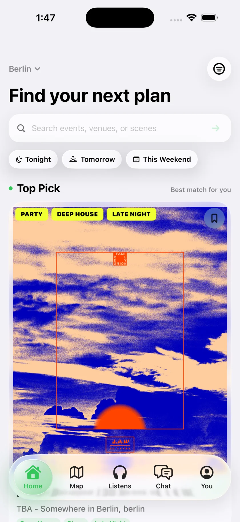UPlayground home screen: Find your next plan, search, date chips and tonight's Top Pick flyer