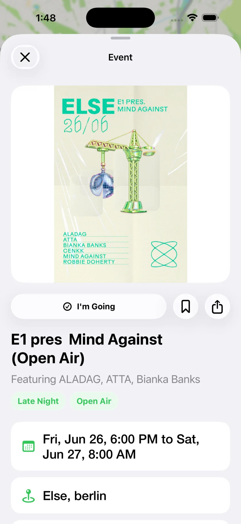 Event page with full flyer, lineup, date, venue and an I'm Going button