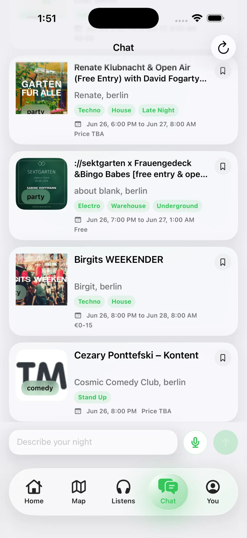 Chat tab answering with four real events: flyers, genre tags, dates and prices