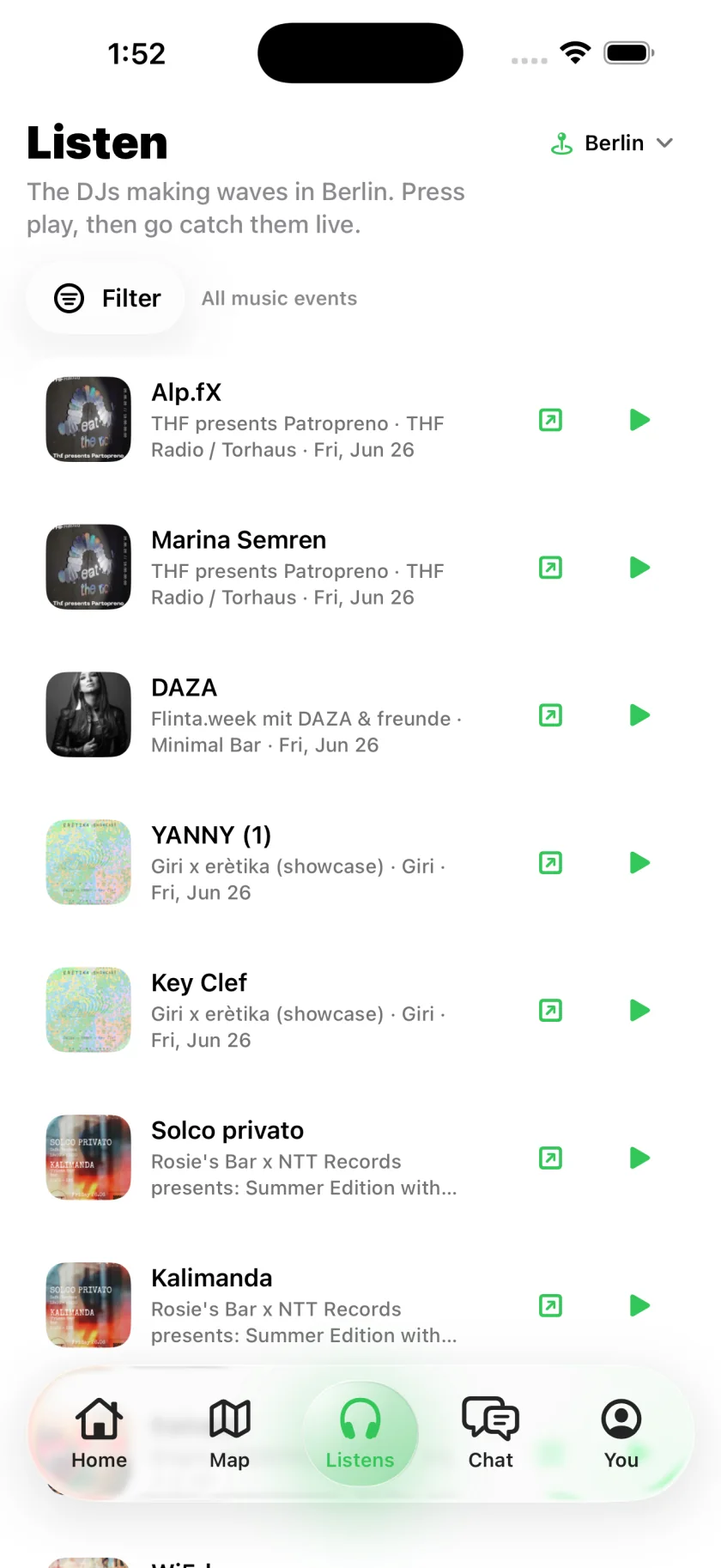 Listen tab: DJs playing this week in Berlin with playable mixes and event links