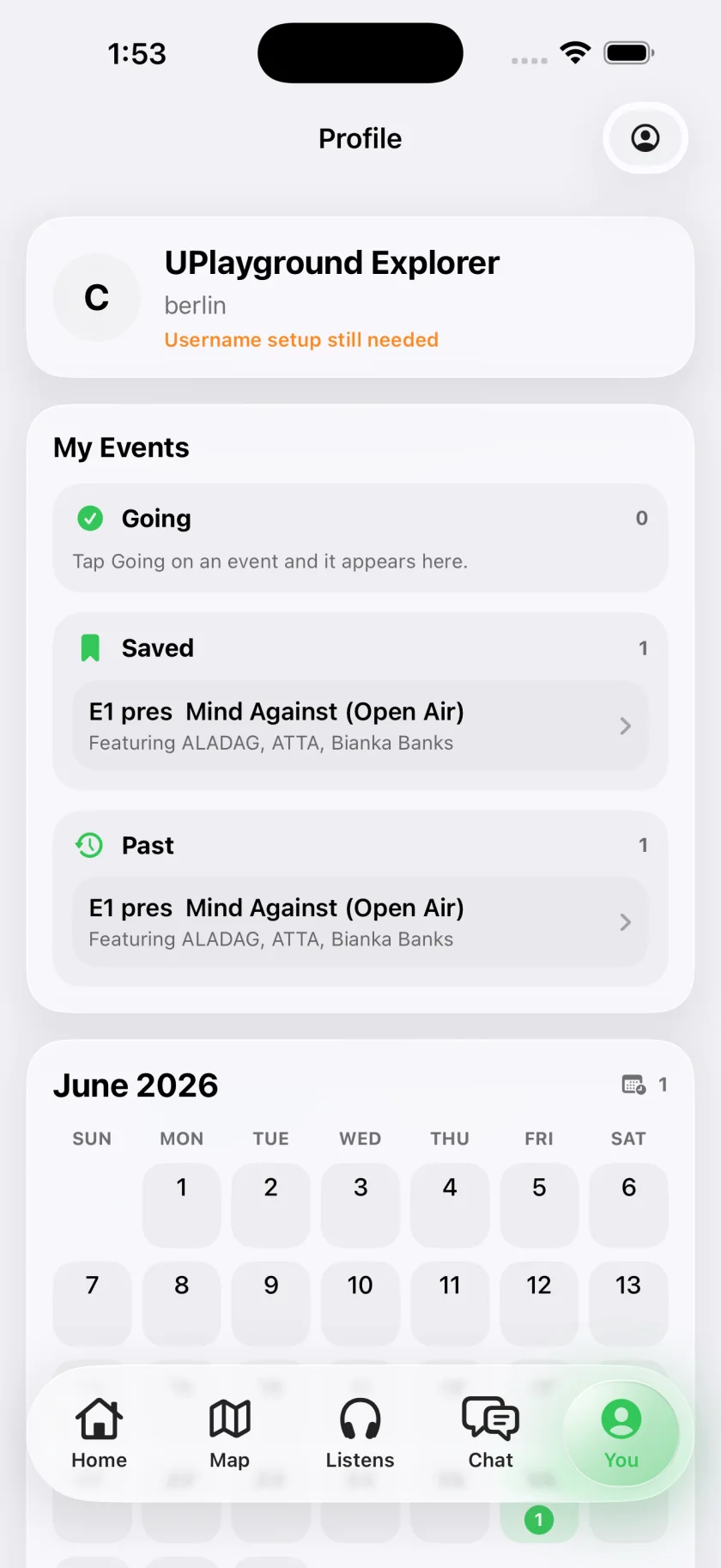 Profile tab with Going, Saved and Past events and a monthly calendar